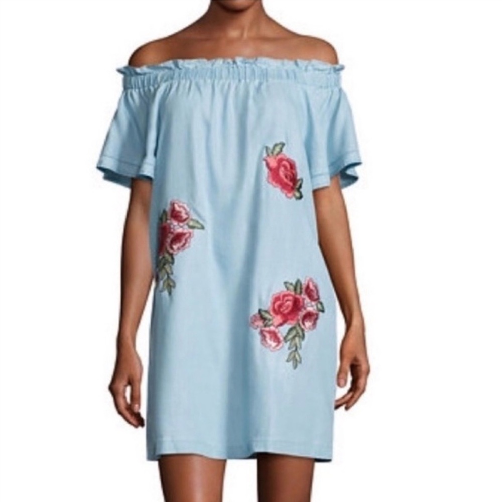 a.n.a Light Blue Off-Shoulder Dress with Pink Floral Embroidery Spring feminist